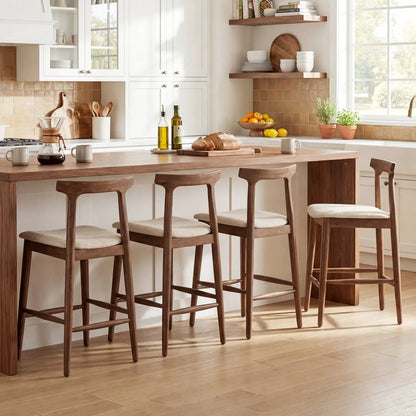 Counter height bar stools 24 in solid wood with curved backs, beige upholstered seats on Tampa Home & Garden Store