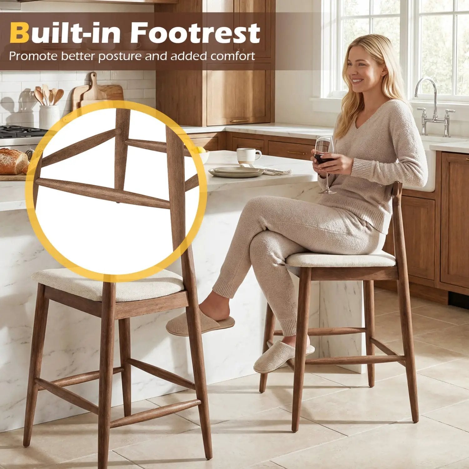 Counter Height Bar Stools solid wood brown finish curved backs beige cushions 2 stools on Tampa Home & Garden Store