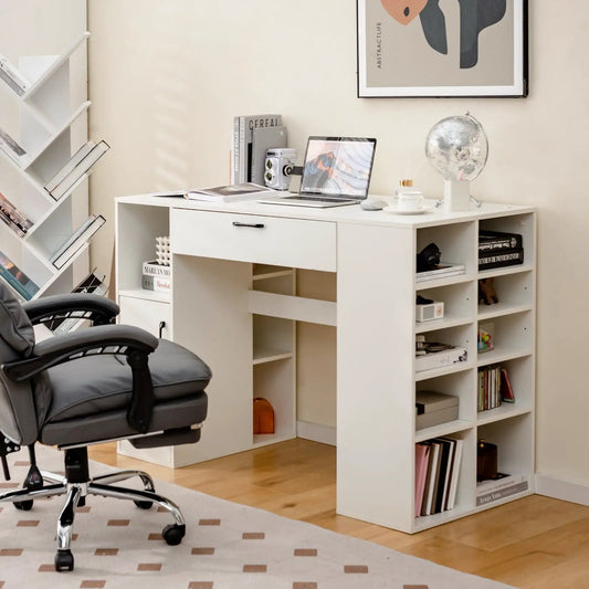 White counter-height sewing craft table with drawer and cubby storage, laptop on top on Tampa Home & Garden Store