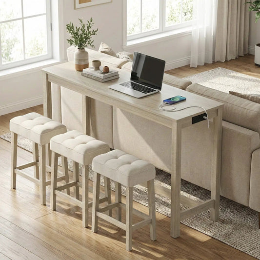 Counter Height Table and 3 Stools Gray Bar Set with beige tufted seats and built-in outlets on Tampa Home & Garden Store