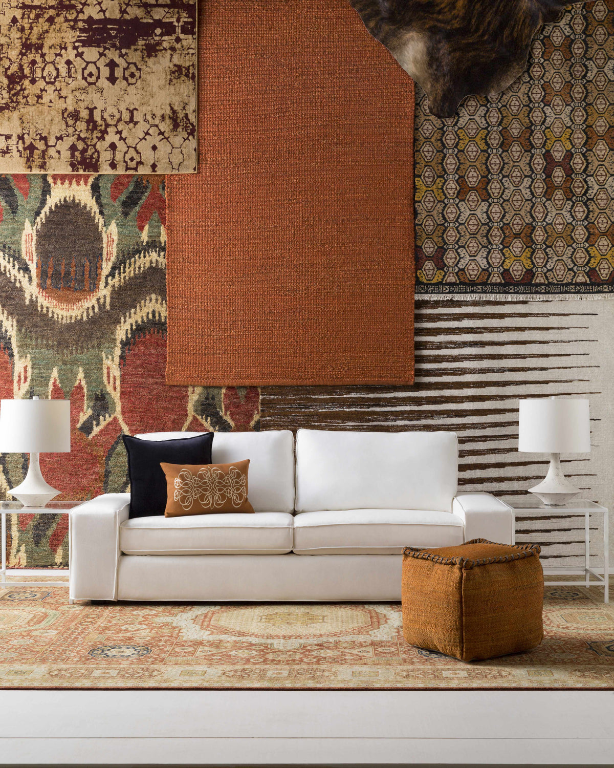 Mercersburg Carpet clearance rug set by Boutique Rugs orange layered patterns in living room on Tampa Home & Garden Store