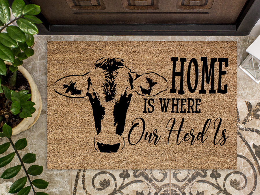 Cow Doormat "Home is Where Our Herd Is" Funny Cow Door Mat - Tampa Home & Garden Store