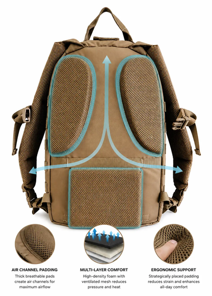 SquatchSurvivalGear Mothman Backpack tan military-style EDC with teal trim on Tampa Home & Garden Store