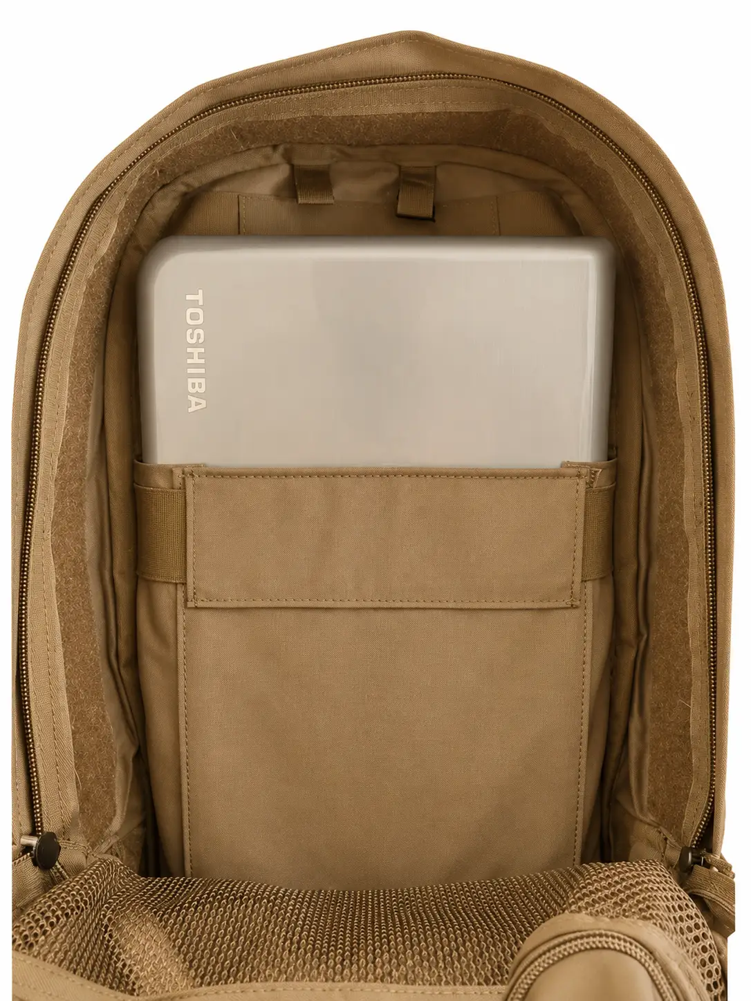 Mothman Backpack by SquatchSurvivalGear, American tan EDC pack with Toshiba laptop in front pocket on Tampa Home & Garden Store
