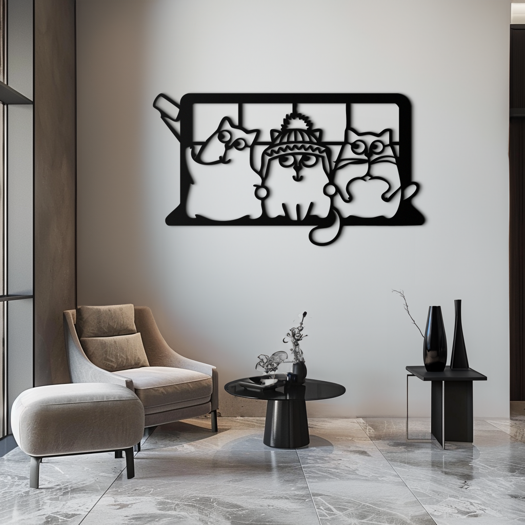 Cozy Window Cats Metal Wall Art – Cute Cartoon Trio Design for Pet Lovers- KAF582 - Tampa Home & Garden Store