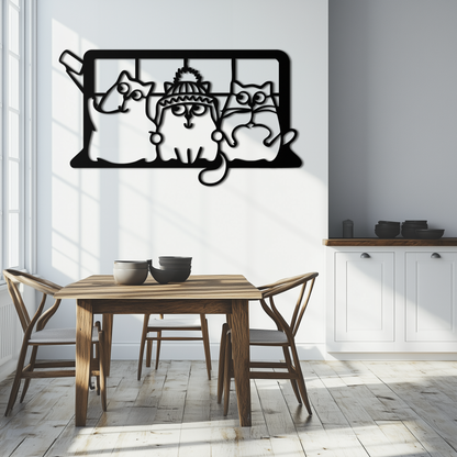 Cozy Window Cats Metal Wall Art – Cute Cartoon Trio Design for Pet Lovers- KAF582 - Tampa Home & Garden Store