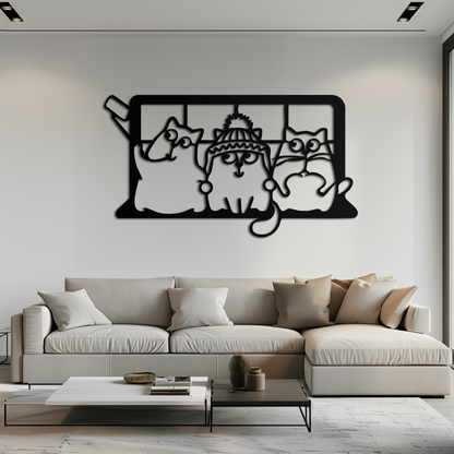 Cozy Window Cats Metal Wall Art – Cute Cartoon Trio Design for Pet Lovers- KAF582 - Tampa Home & Garden Store