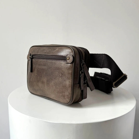 Full Grain Crazy Horse Leather Waist Bag brown with front zip pocket and adjustable strap on Tampa Home & Garden Store