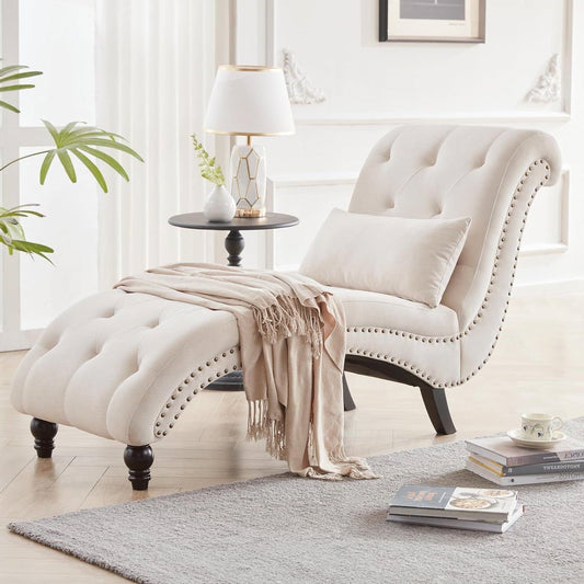 Cream Beige Linen Upholstered Armless Chaise Lounge Chair with Pillow - Tampa Home & Garden Store