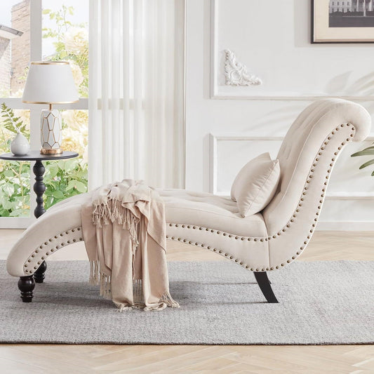 Cream Beige Linen Upholstered Armless Chaise Lounge Chair with Pillow - Tampa Home & Garden Store