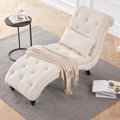 Cream Beige Linen Upholstered Armless Chaise Lounge Chair with Pillow - Tampa Home & Garden Store