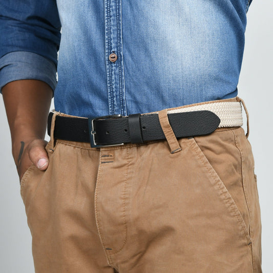 Cream & Black Braided Canvas Leather Belt - Tampa Home & Garden Store
