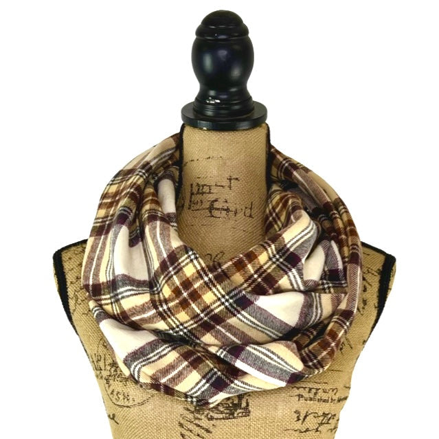 Cream, Dark Brown, Rust and Pale Yellow Plaid Flannel Infinity or Blanket Scarf - Tampa Home & Garden Store