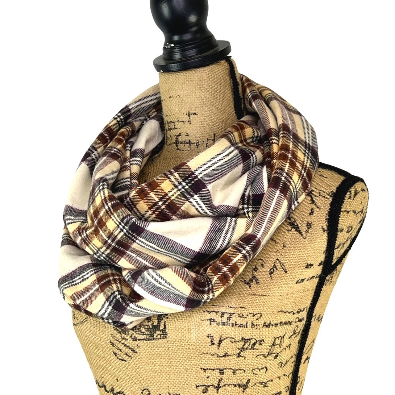 Cream, Dark Brown, Rust and Pale Yellow Plaid Flannel Infinity or Blanket Scarf - Tampa Home & Garden Store