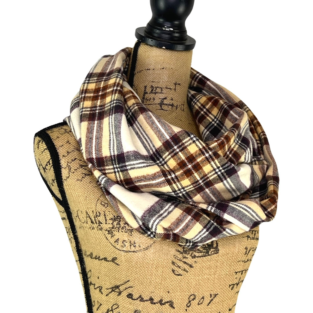 Cream, Dark Brown, Rust and Pale Yellow Plaid Flannel Infinity or Blanket Scarf - Tampa Home & Garden Store