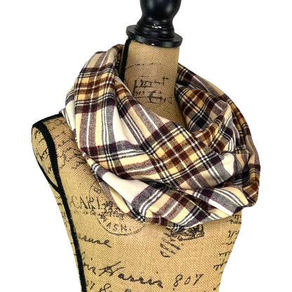 Cream, Dark Brown, Rust and Pale Yellow Plaid Flannel Infinity or Blanket Scarf - Tampa Home & Garden Store