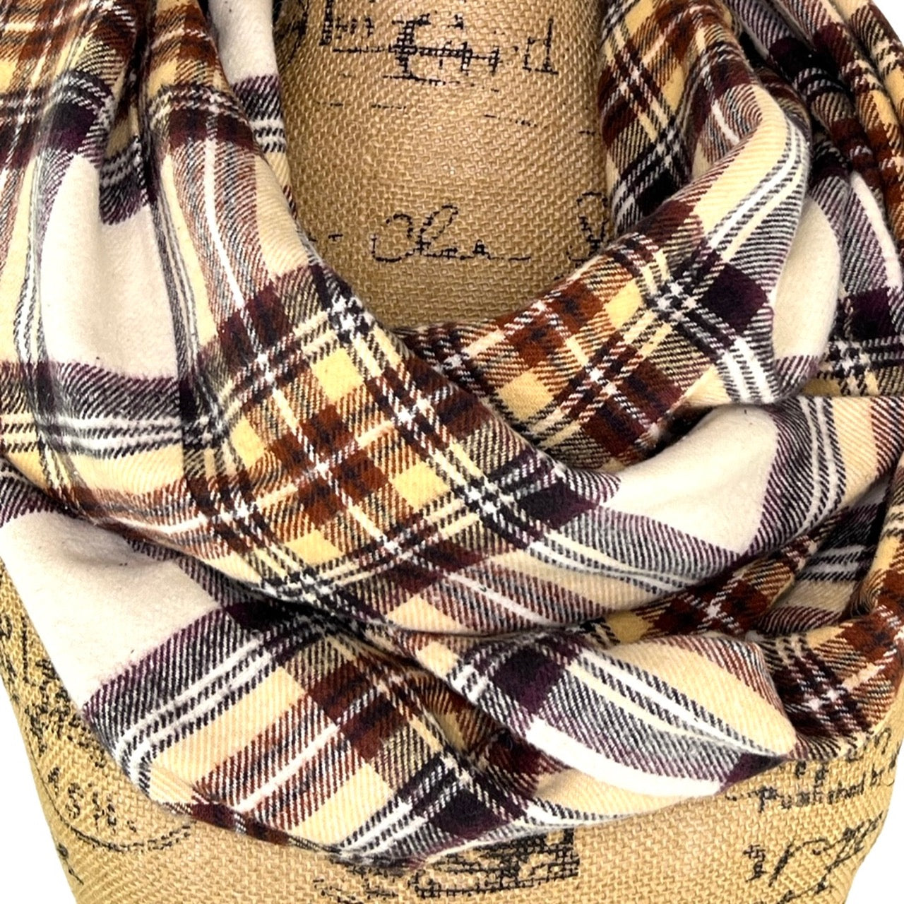 Cream, Dark Brown, Rust and Pale Yellow Plaid Flannel Infinity or Blanket Scarf - Tampa Home & Garden Store