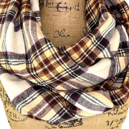 Cream, Dark Brown, Rust and Pale Yellow Plaid Flannel Infinity or Blanket Scarf - Tampa Home & Garden Store