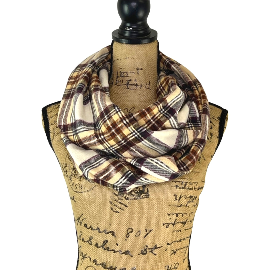 Cream, Dark Brown, Rust and Pale Yellow Plaid Flannel Infinity or Blanket Scarf - Tampa Home & Garden Store
