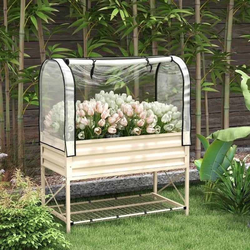 Cream Elevated Metal Raised Garden Bed w/ Greenhouse Cover - Tampa Home & Garden Store