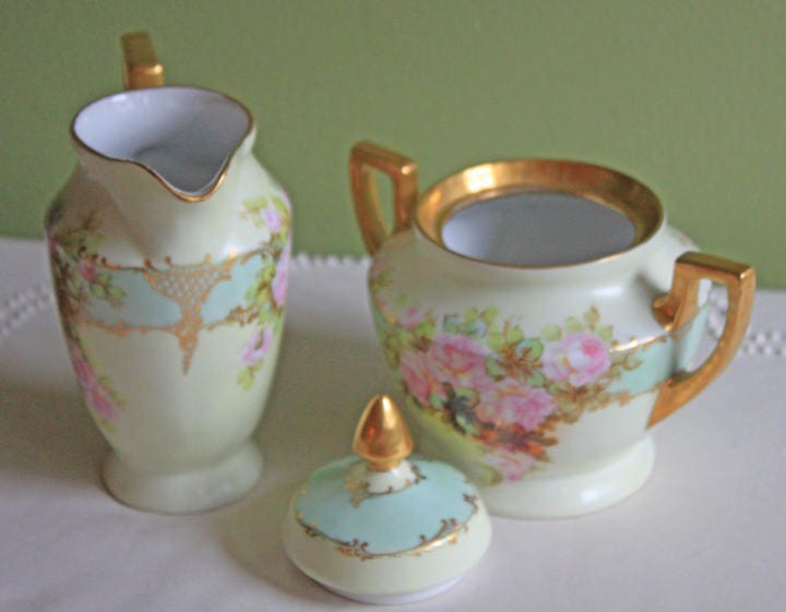 Creamer and Sugar Bowl with Lid.  Antique H & C Selb Bavarian Porcelain. - Tampa Home & Garden Store