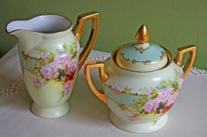 Creamer and Sugar Bowl with Lid.  Antique H & C Selb Bavarian Porcelain. - Tampa Home & Garden Store