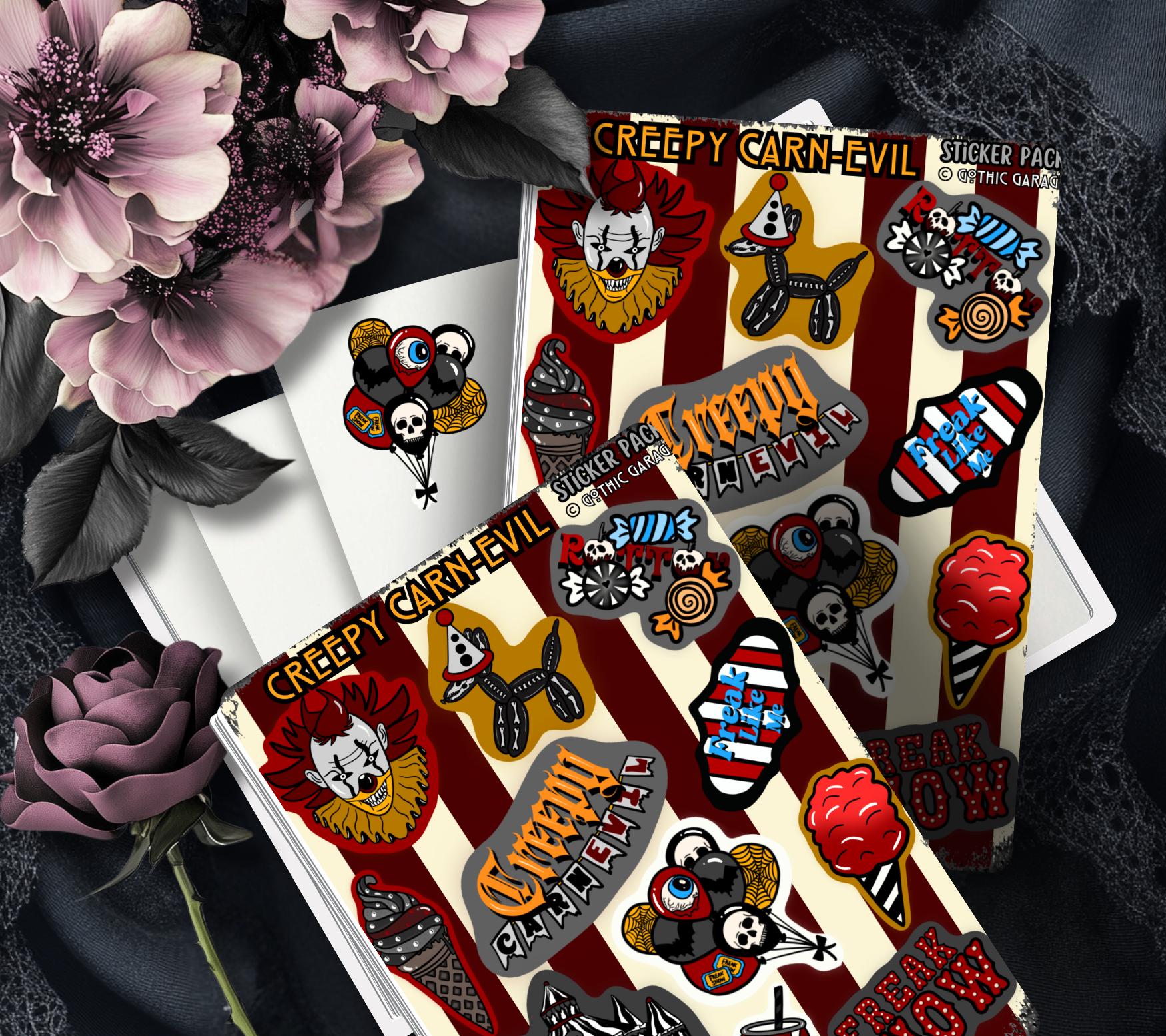 Creepy Carnival Sticker Sheet – Horror Circus Clown Aesthetic - Perfect for Scary Scrapbooking & Collecting or Showing Off - Tampa Home & Garden Store