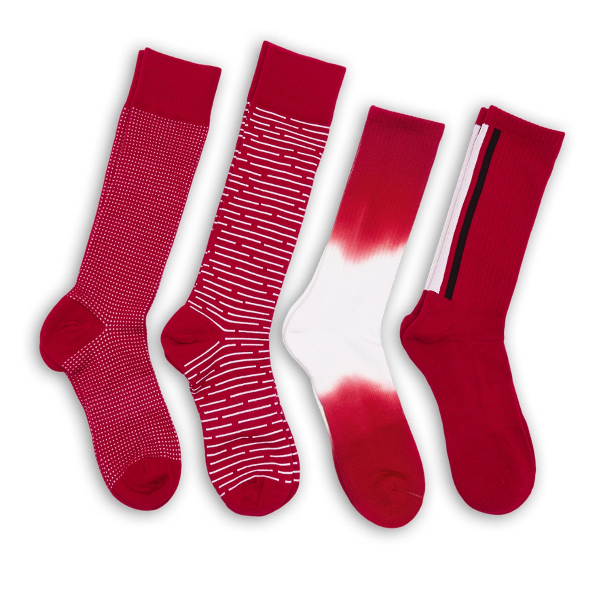 DeadSoxy Crimson/White mixed socks 4-pack team colorways with dotted and striped patterns on Tampa Home & Garden Store