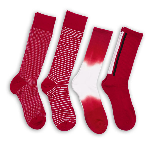 DeadSoxy Crimson/White mixed socks 4-pack team colorways with dotted and striped patterns on Tampa Home & Garden Store