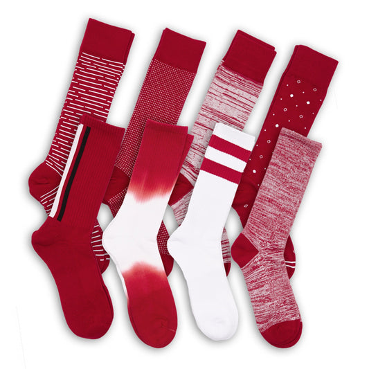 Crimson / White Mixed Socks 8 Pack by DeadSoxy, team colorways with striped patterns on Tampa Home & Garden Store