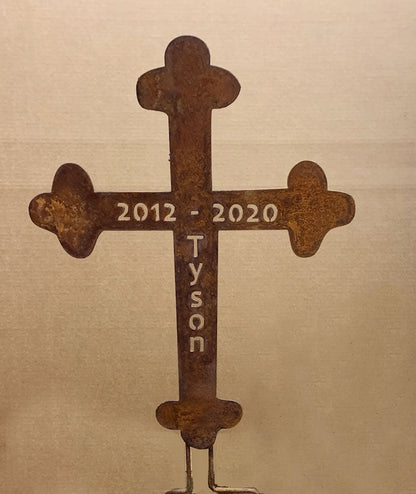 Memorial cross wall art, rusted metal 25in sculpture with Tyson name, Rustica Ornamentals on Tampa Home & Garden Store