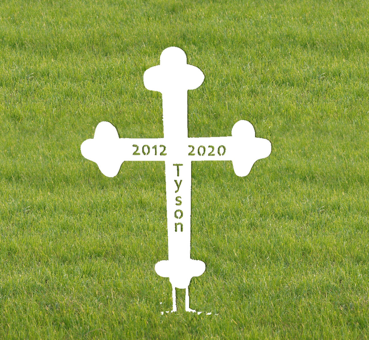 Rustica Ornamentals 18in roadside memorial cross lawn ornament, white with quatrefoil ends on grass on Tampa Home & Garden Store