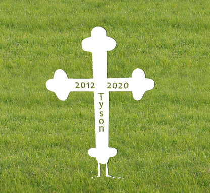 Rustica Ornamentals 18in roadside memorial cross lawn ornament, white with quatrefoil ends on grass on Tampa Home & Garden Store