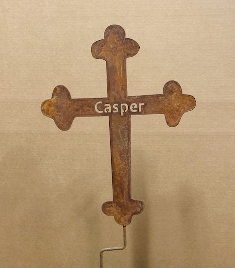 Memorial Cross garden stake in rusted metal with Casper inscription, 25 inches tall on Tampa Home & Garden Store