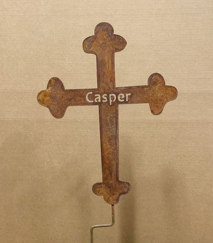 Memorial Cross garden stake in rusted metal with Casper inscription, 25 inches tall on Tampa Home & Garden Store