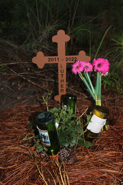 Rust-colored memorial cross wall art, 25 inches, garden decor with pink Gerbera daisies on Tampa Home & Garden Store