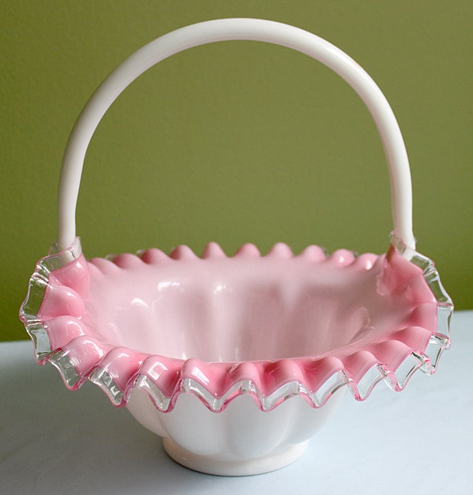 Crystal Basket /  Pink Crest and Silvercrest Bowl with Handle.  Ruffled Scalloped Rim.  Gift for Her. - Tampa Home & Garden Store