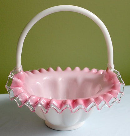 Crystal Basket /  Pink Crest and Silvercrest Bowl with Handle.  Ruffled Scalloped Rim.  Gift for Her. - Tampa Home & Garden Store