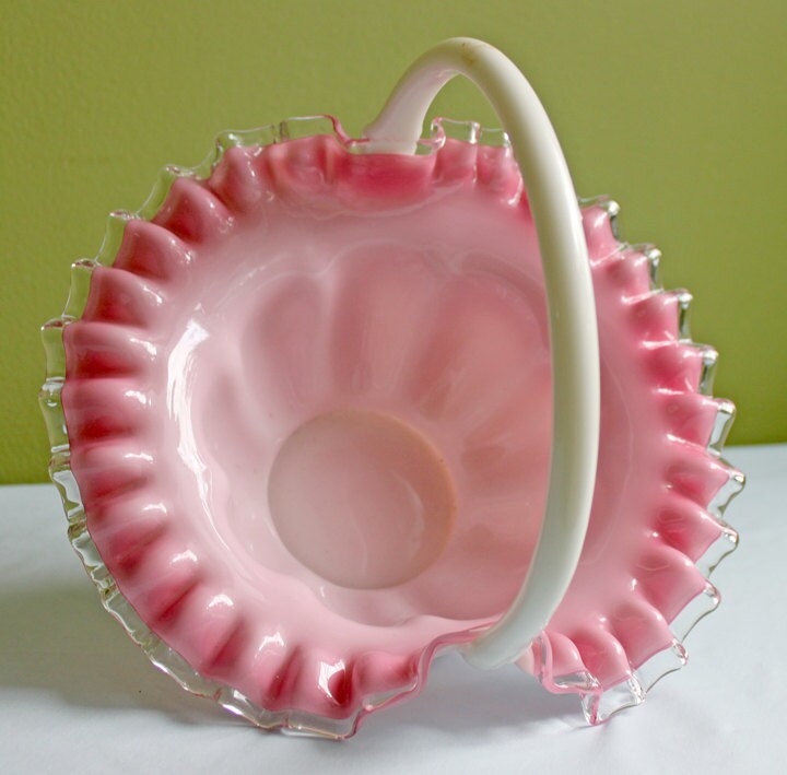 Crystal Basket /  Pink Crest and Silvercrest Bowl with Handle.  Ruffled Scalloped Rim.  Gift for Her. - Tampa Home & Garden Store