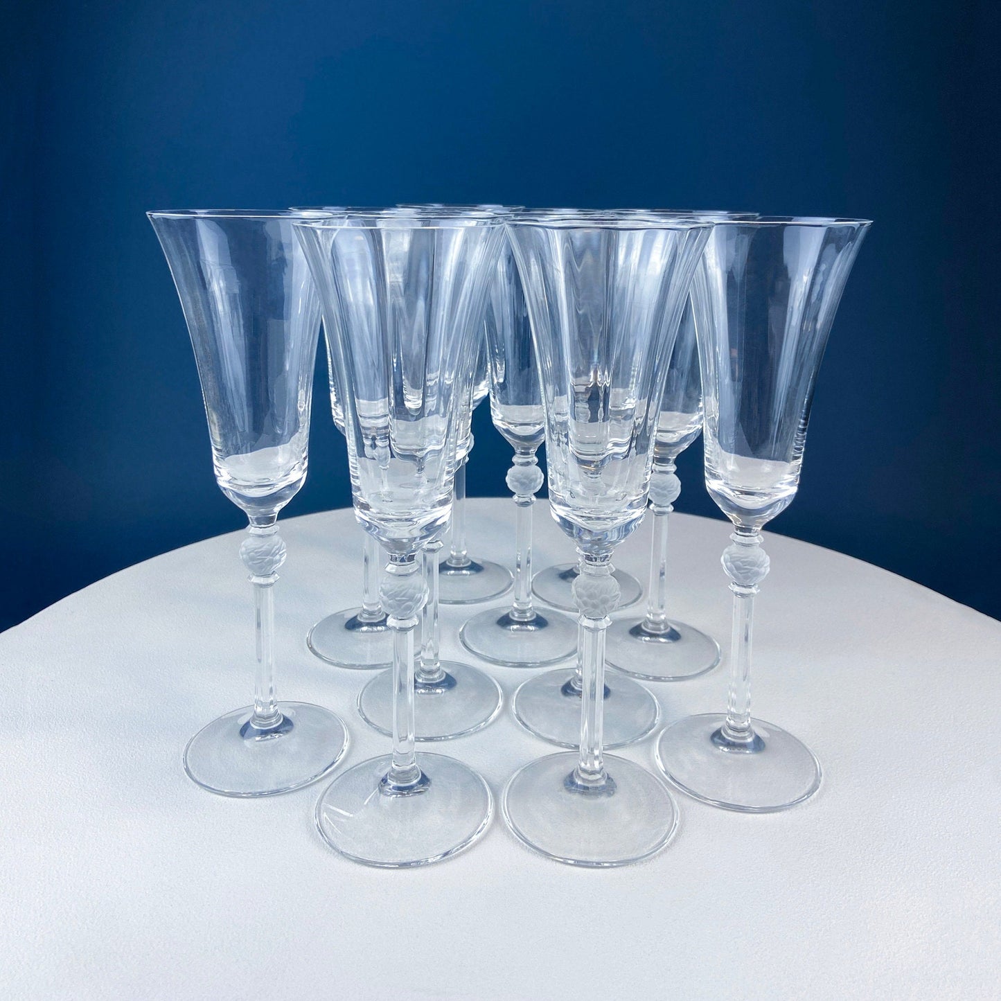 Crystal Champagne Glasses with Ball Stem. Enchantress by Mikasa. Frosted Ball Shaped like Berries & Leaves. Set of 11. Beautiful Ping. - Tampa Home & Garden Store