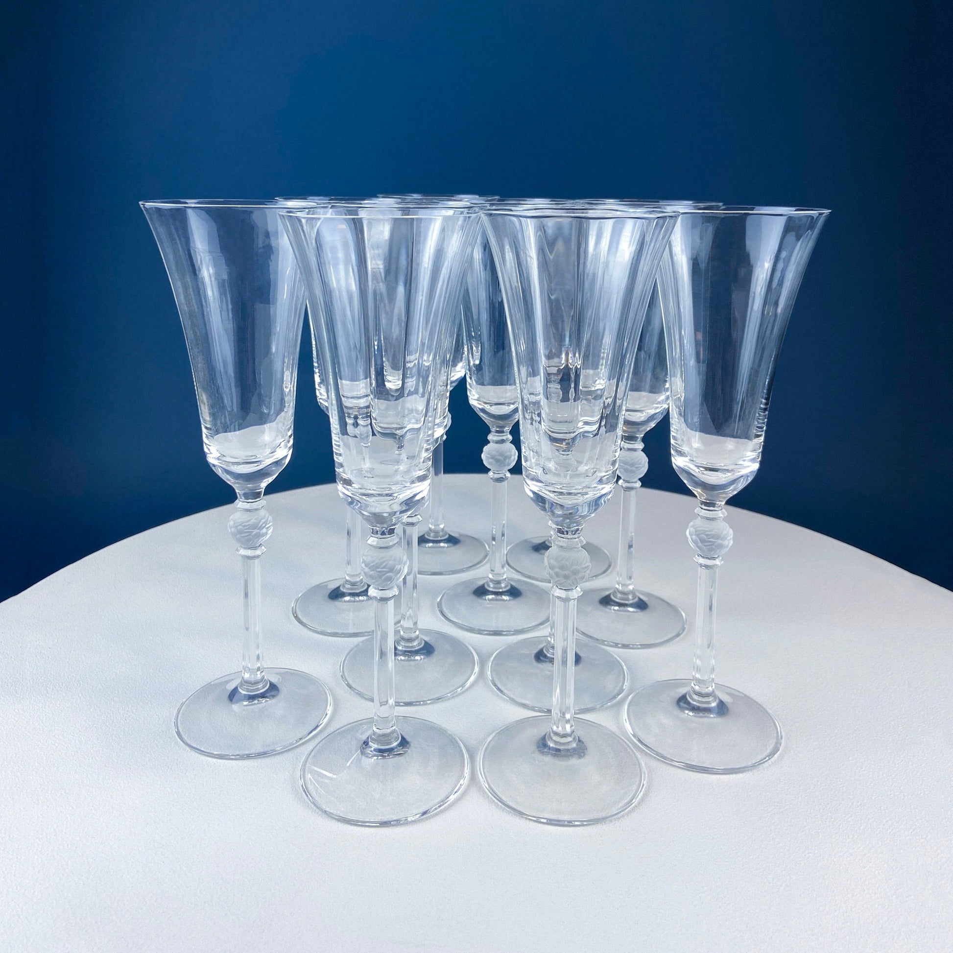 Crystal Champagne Glasses with Ball Stem. Enchantress by Mikasa. Frosted Ball Shaped like Berries & Leaves. Set of 11. Beautiful Ping. - Tampa Home & Garden Store
