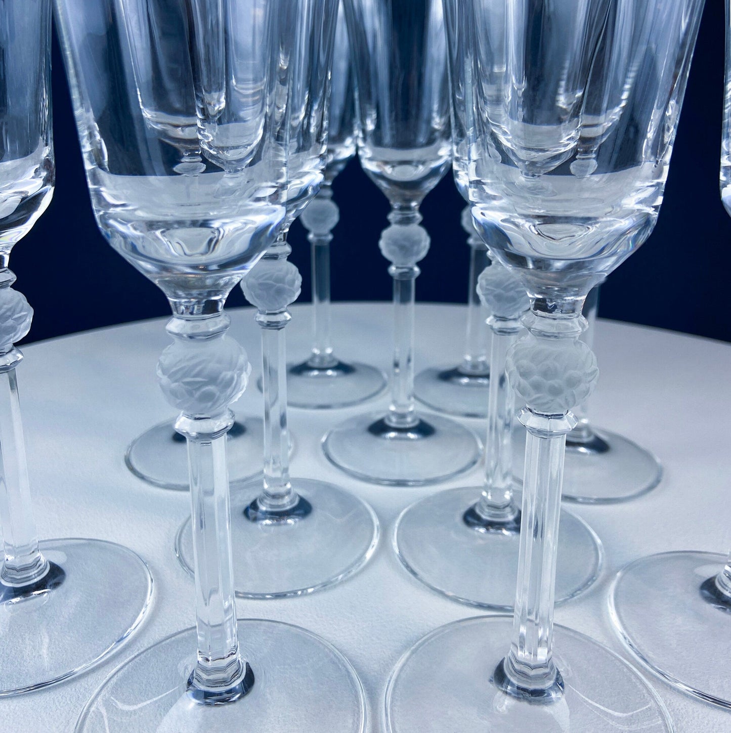 Crystal Champagne Glasses with Ball Stem. Enchantress by Mikasa. Frosted Ball Shaped like Berries & Leaves. Set of 11. Beautiful Ping. - Tampa Home & Garden Store
