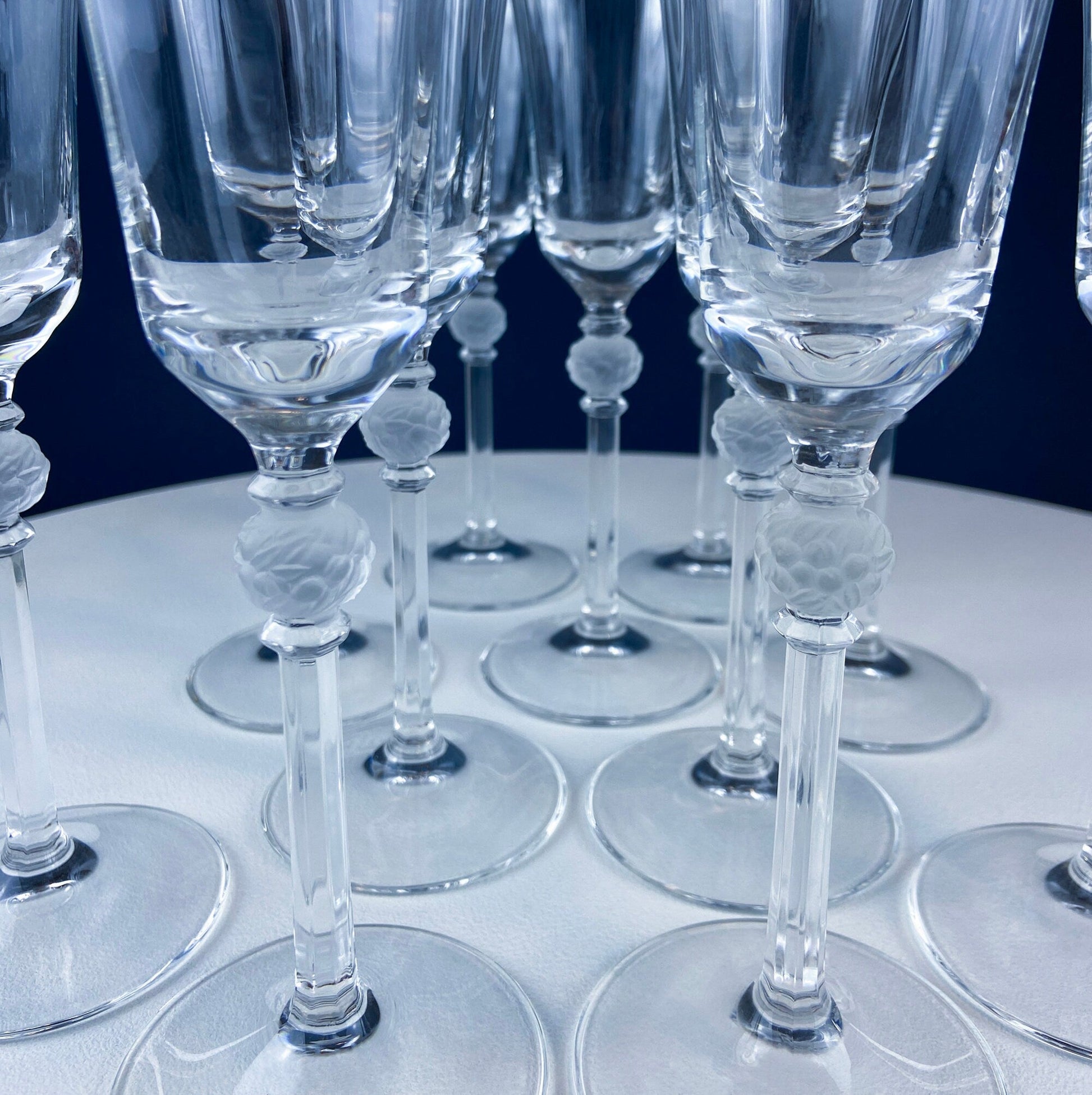 Crystal Champagne Glasses with Ball Stem. Enchantress by Mikasa. Frosted Ball Shaped like Berries & Leaves. Set of 11. Beautiful Ping. - Tampa Home & Garden Store