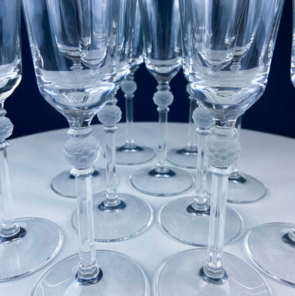 Crystal Champagne Glasses with Ball Stem. Enchantress by Mikasa. Frosted Ball Shaped like Berries & Leaves. Set of 11. Beautiful Ping. - Tampa Home & Garden Store