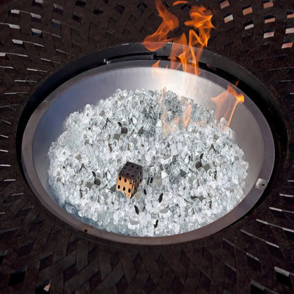 Crystal Clear Reflective Fire Glass for fireplaces in burner pan with clear glass beads on Tampa Home & Garden Store