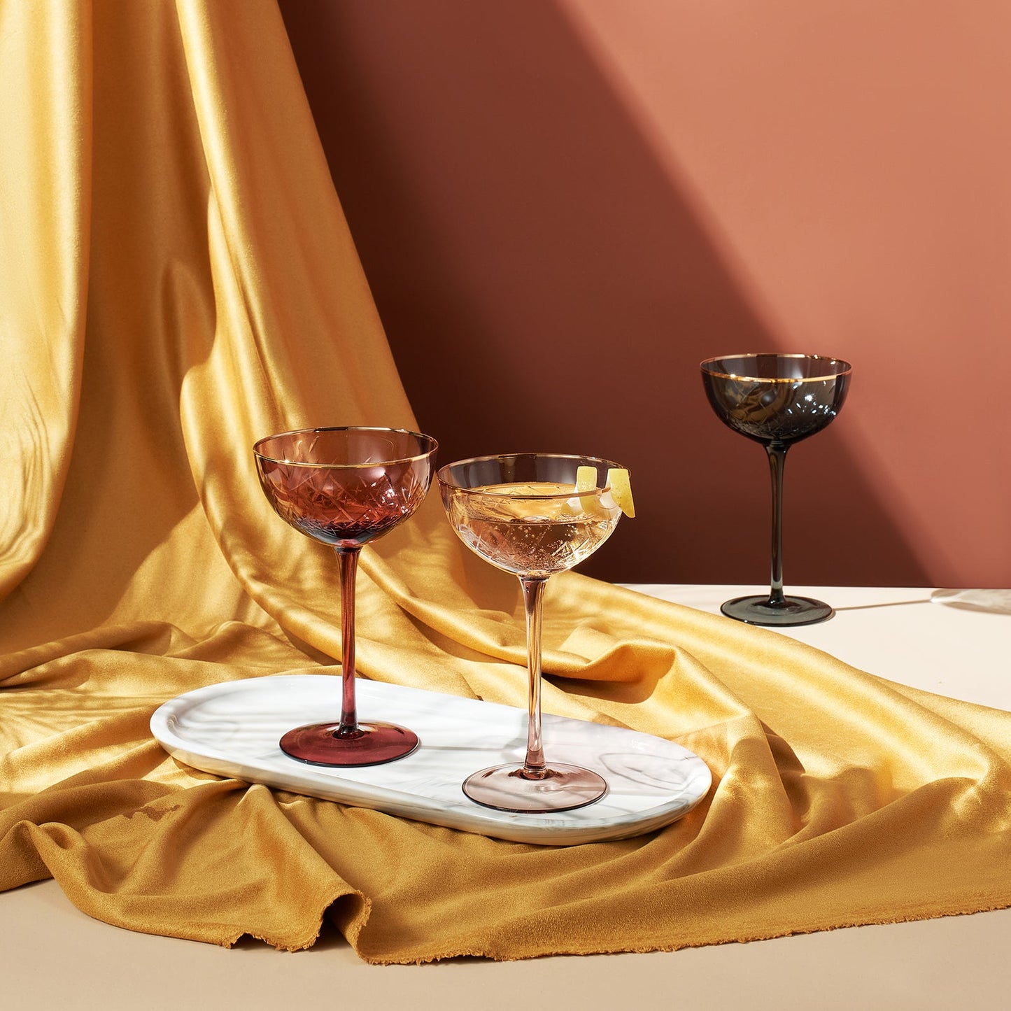Tonal Gold Rim Champagne Coupe Set of Six