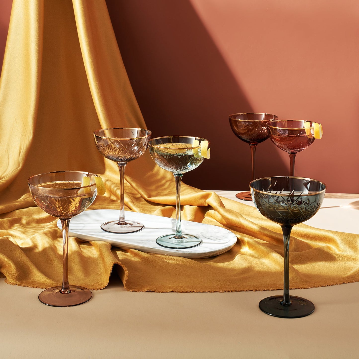 Tonal Gold Rim Champagne Coupe Set of Six