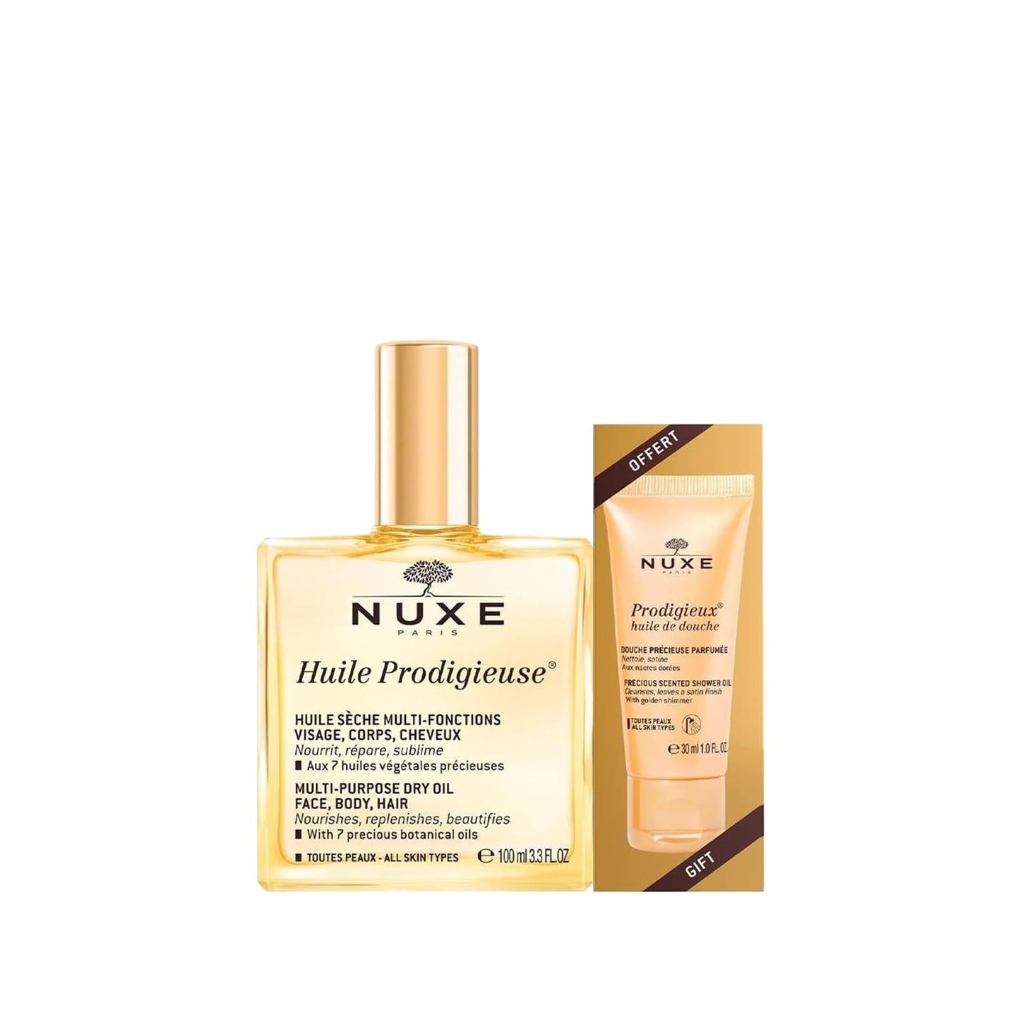 Nuxe Huile Prodigieuse dry oil bottle with gold cap and peach shower gel gift, 2-piece set on Tampa Home & Garden Store