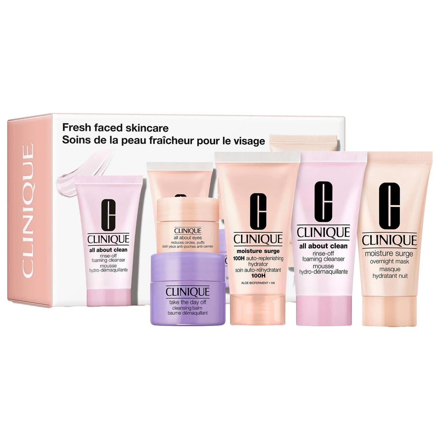 Clinique Fresh Faced skincare set with moisture surge, cleansing balm and eye cream tubes on Tampa Home & Garden Store