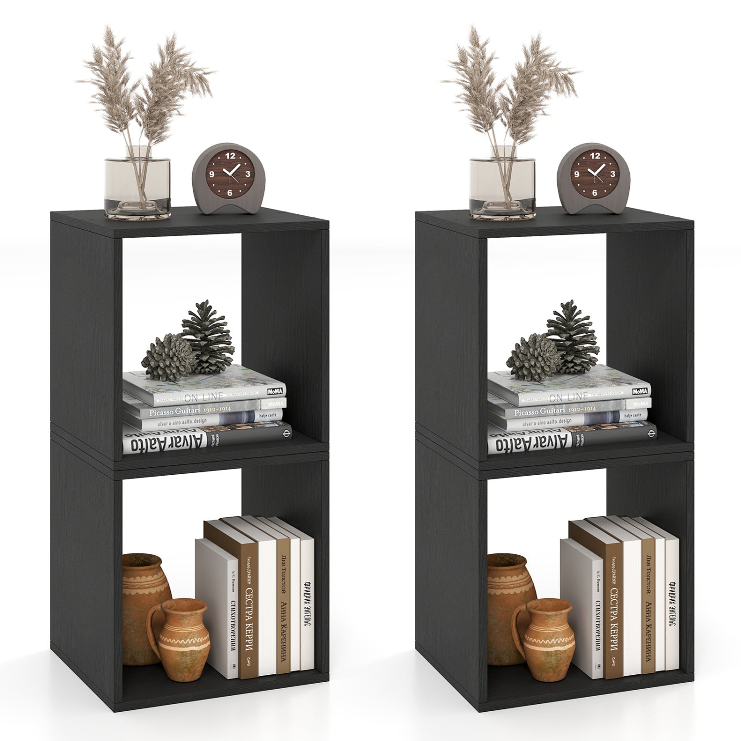 Cube storage organizer set of 2 black modular bookcases DirectDeals with top vase and clock on Tampa Home & Garden Store